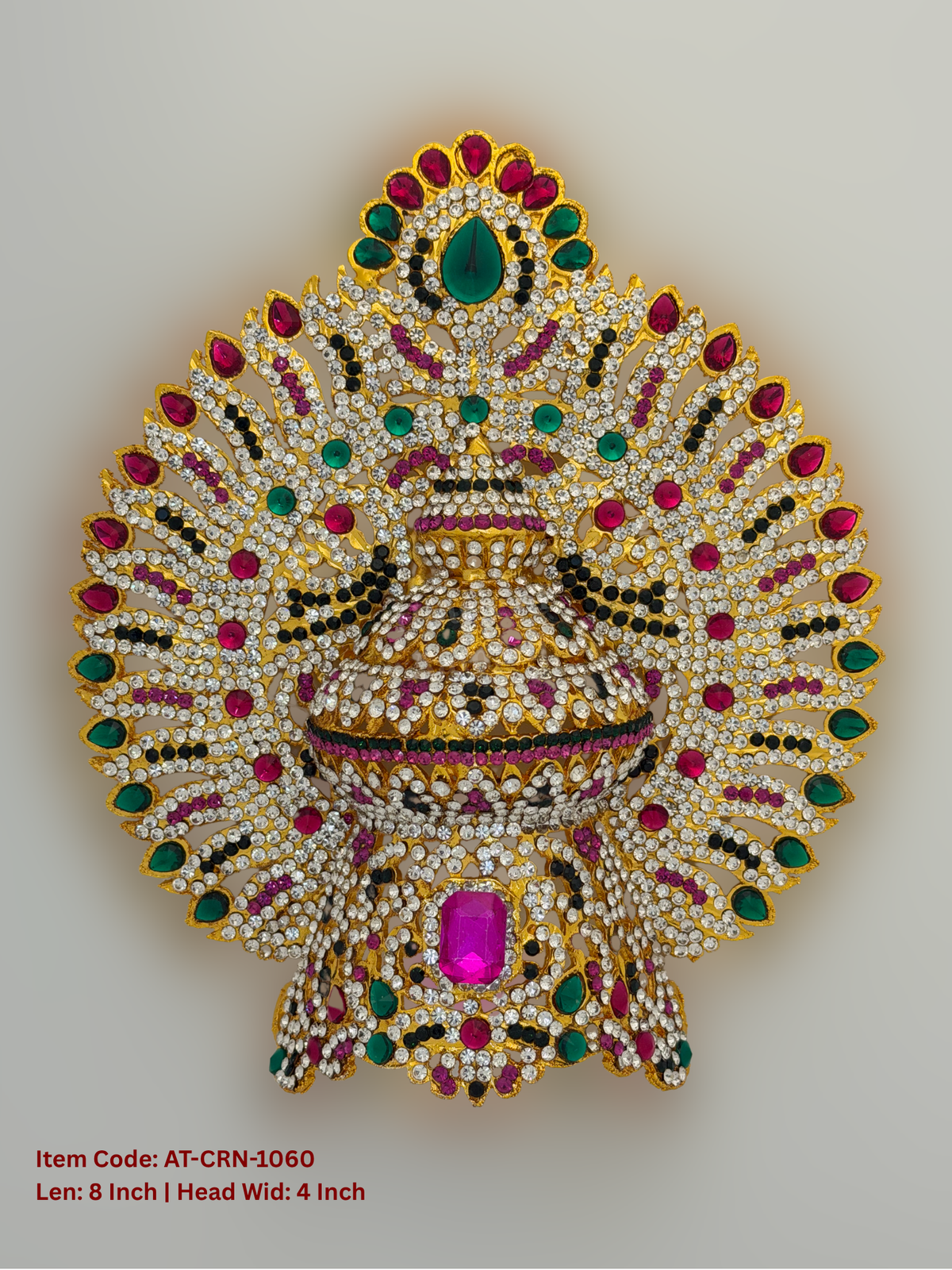 Elevate your deity alankaram with our traditional gold-plated 8-inch Crown with Fuchsia Pink, Green, White Coloured Stones.