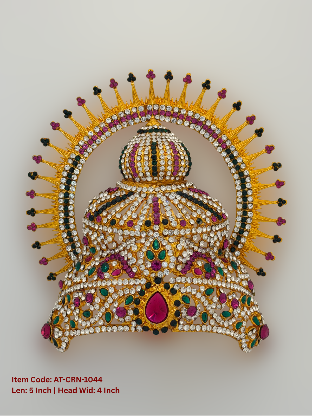 Elevate your deity alankaram with our traditional gold-plated 5-inch Crown with Fuchsia Pink, Green, White Coloured Stones.