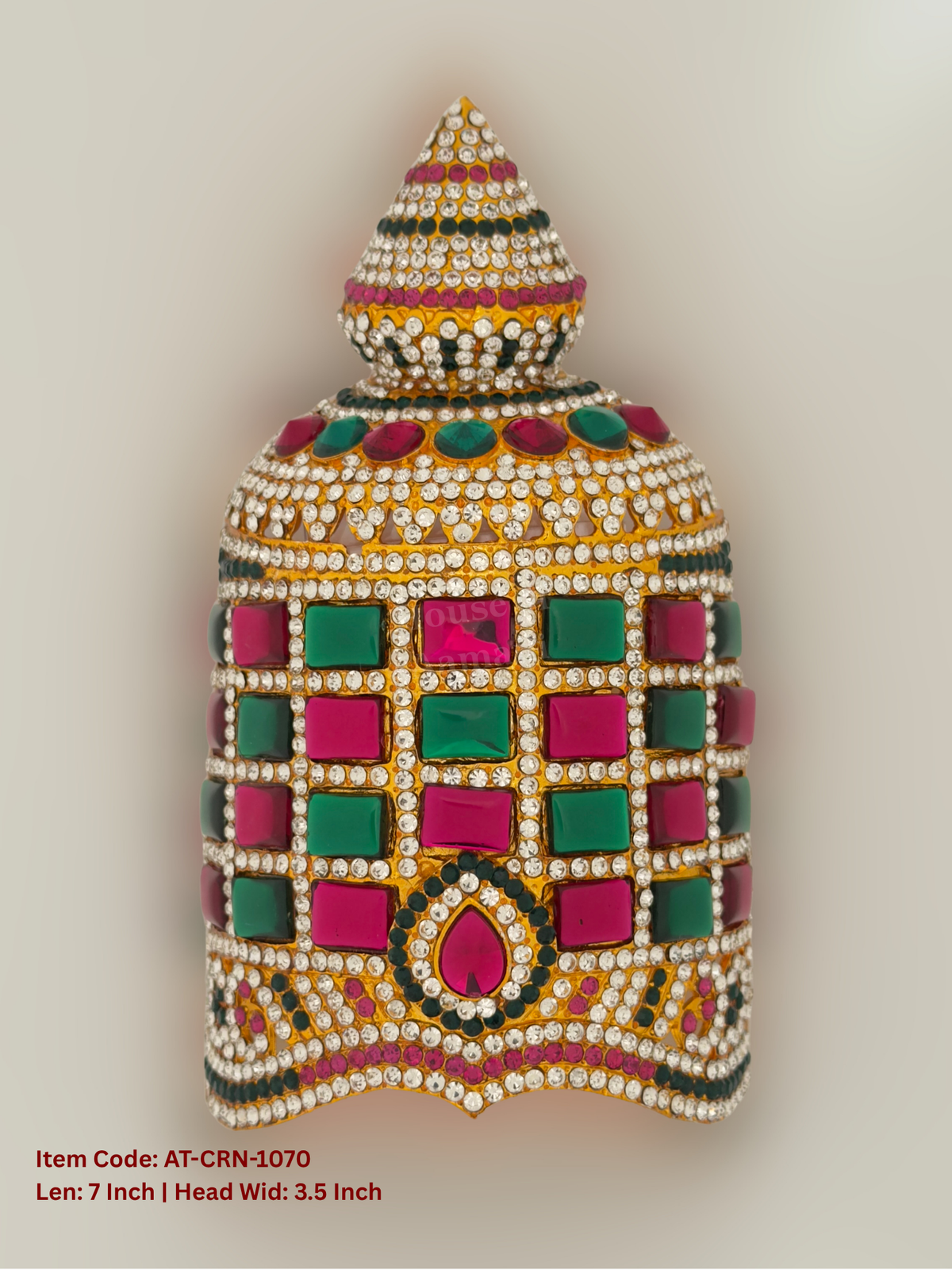Elevate your deity alankaram with our traditional gold-plated 7-inch Crown with Fuchsia Pink, Green, White Coloured Stones.