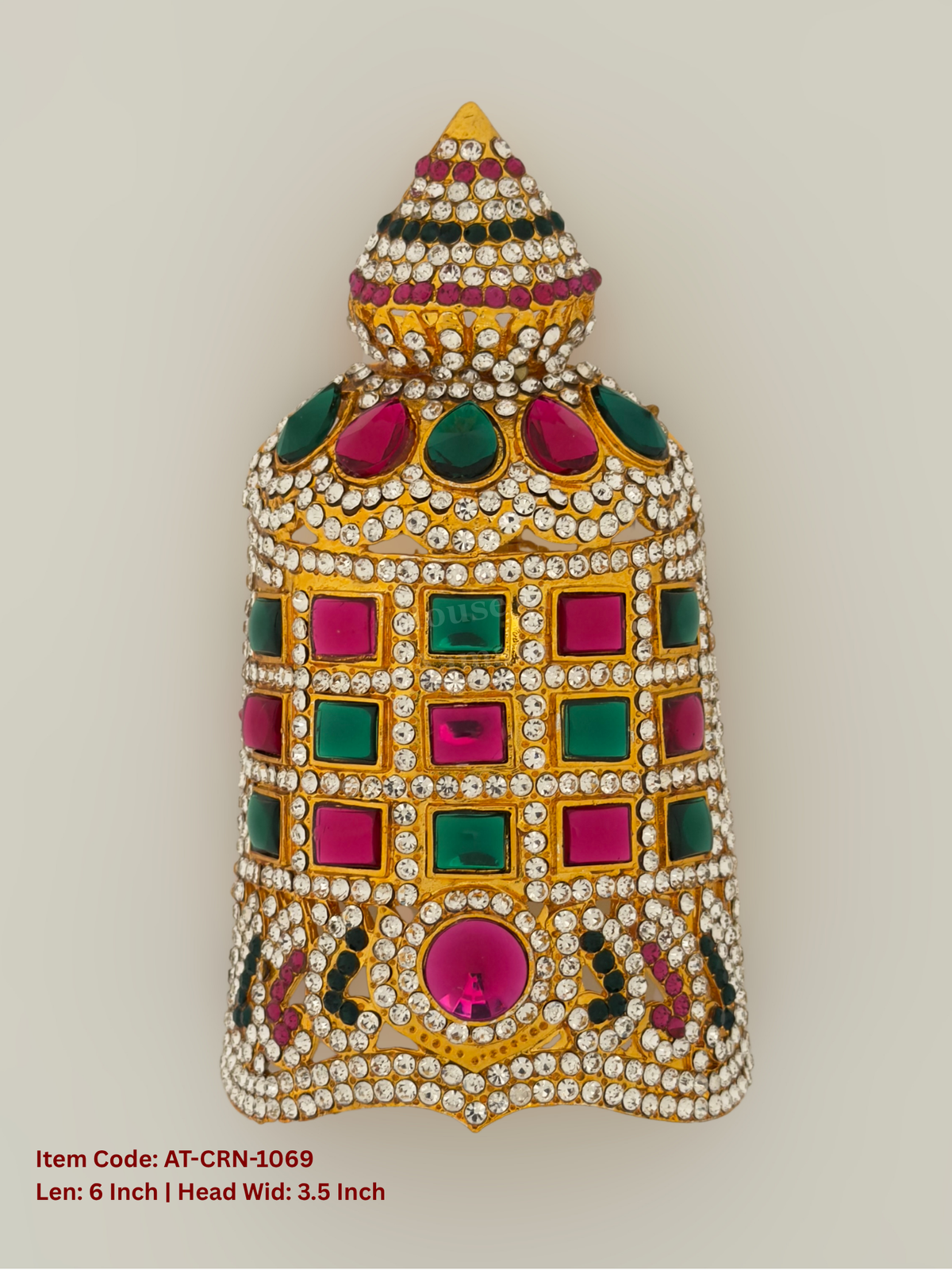 Elevate your deity alankaram with our traditional gold-plated 6-inch Crown with Fuchsia Pink, Green, White Coloured Stones.