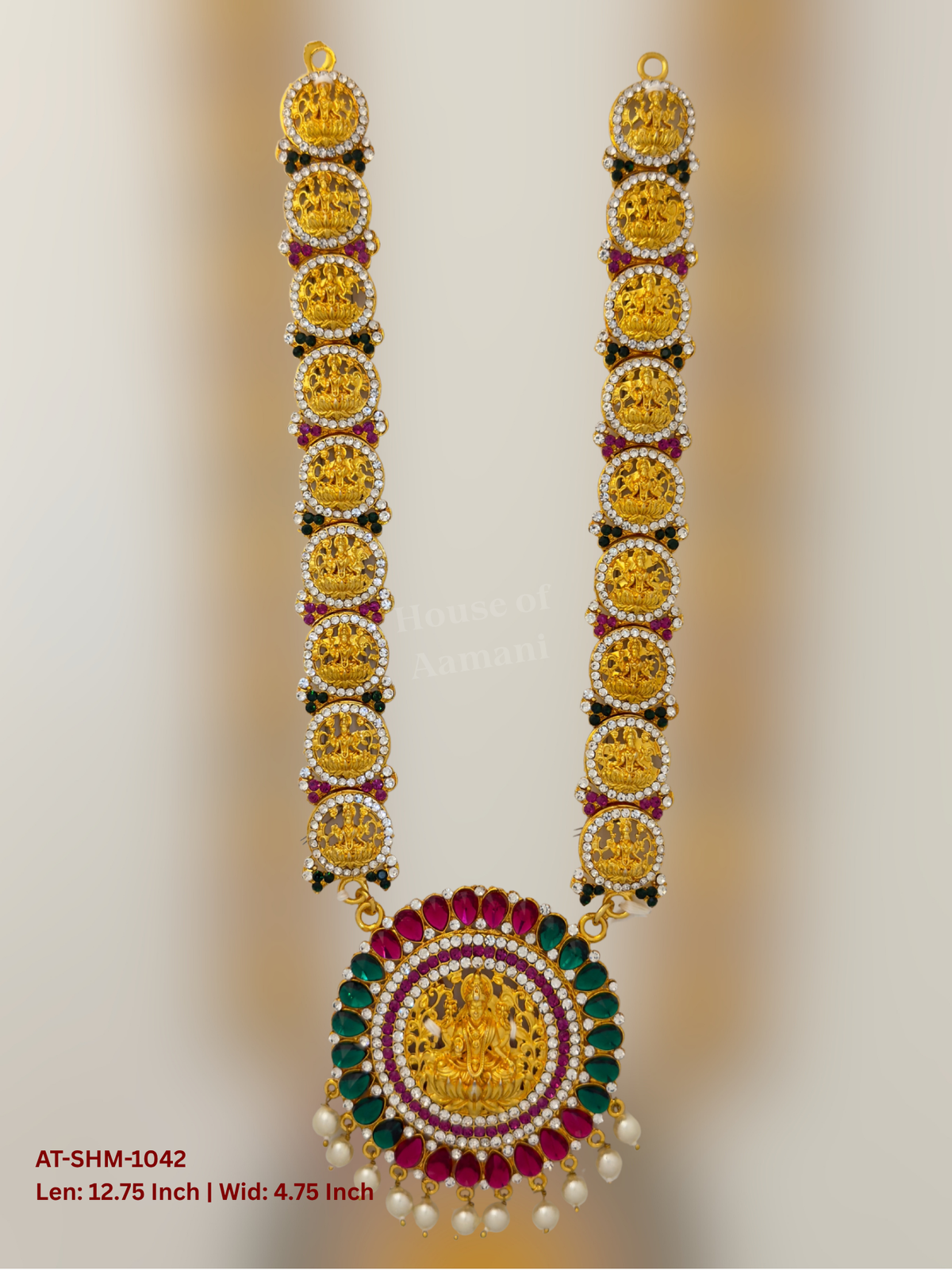 Elevate your deity alankaram with our traditional gold-plated 12.75-inch Swamy Haram with Fuchsia Pink, Green, White Coloured Stones.