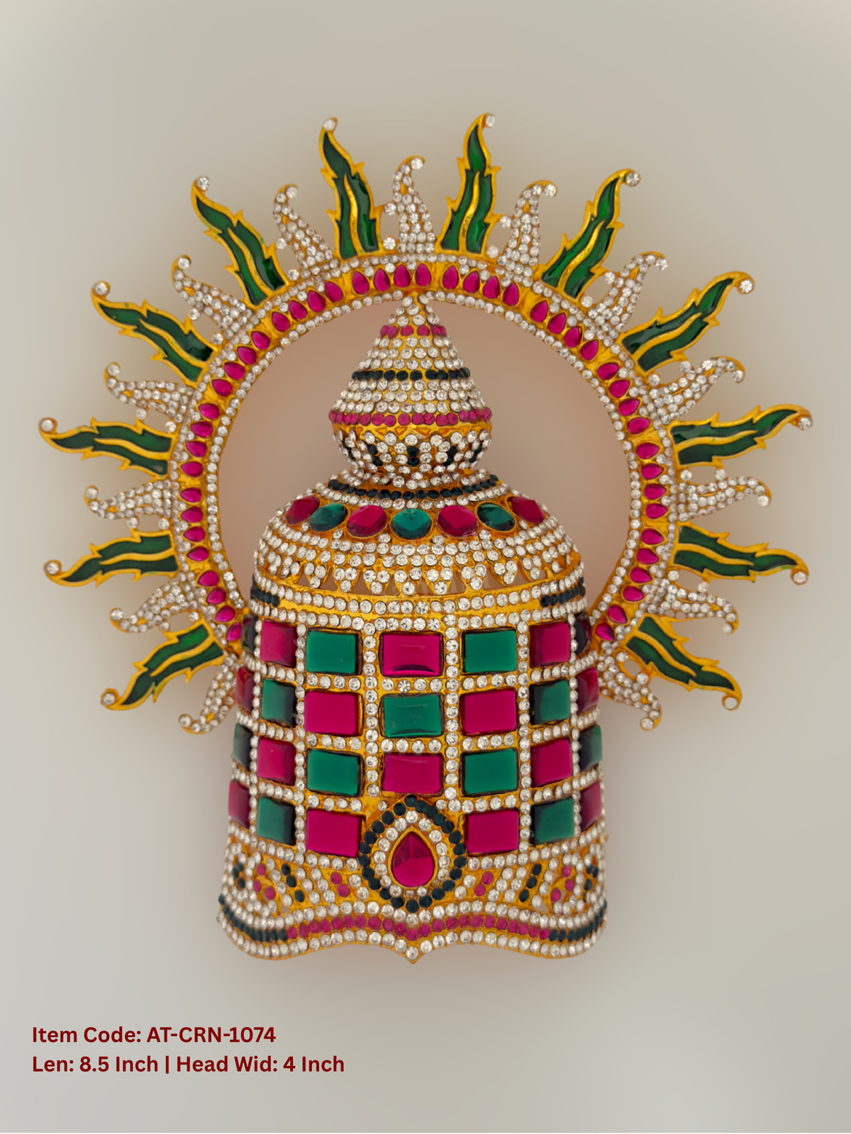 Elevate your deity alankaram with our traditional gold-plated 8.5-inch Crown with Fuchsia Pink, Green, White Coloured Stones.