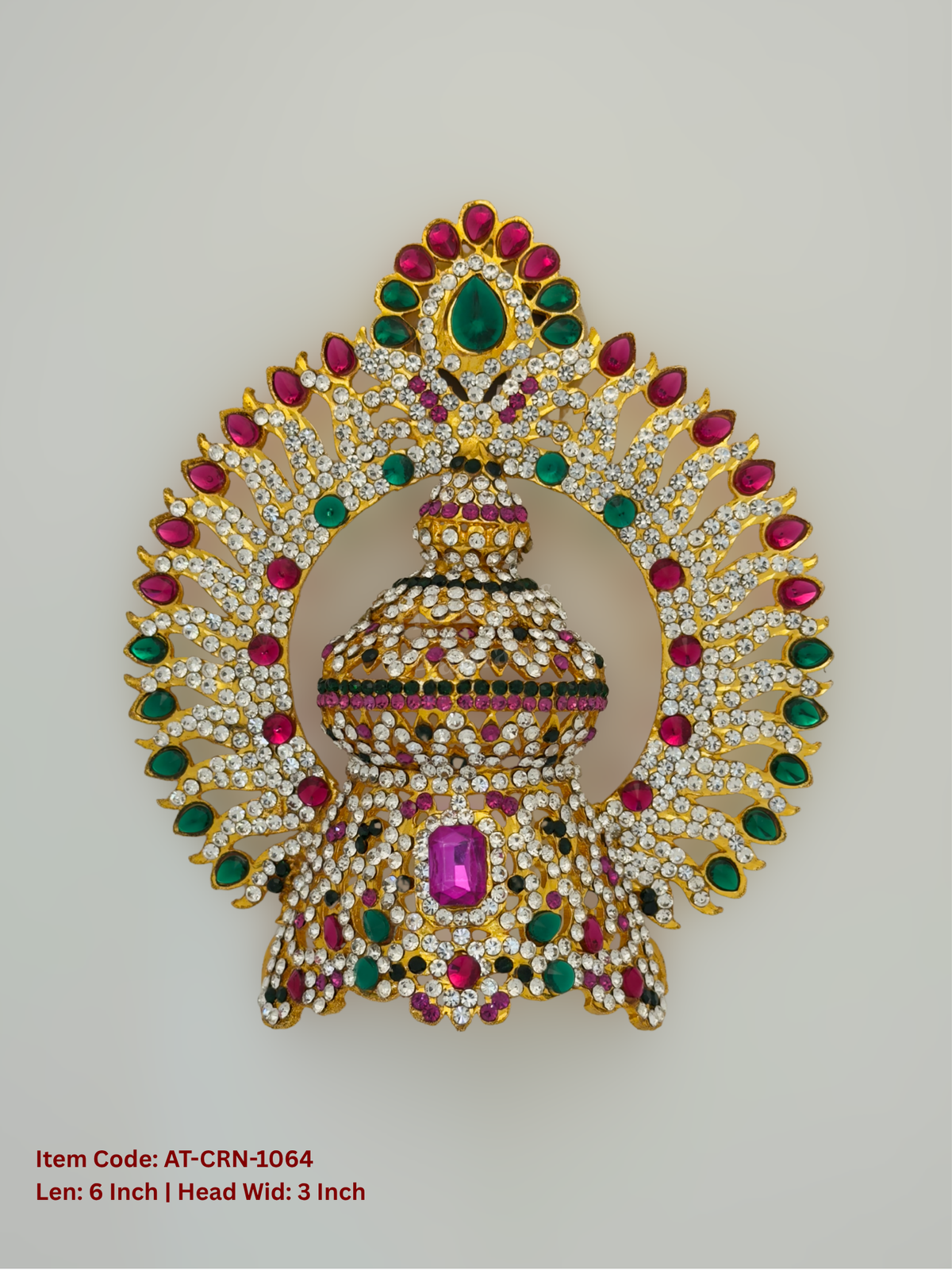 Elevate your deity alankaram with our traditional gold-plated 6-inch Crown with Fuchsia Pink, Green, White Coloured Stones.
