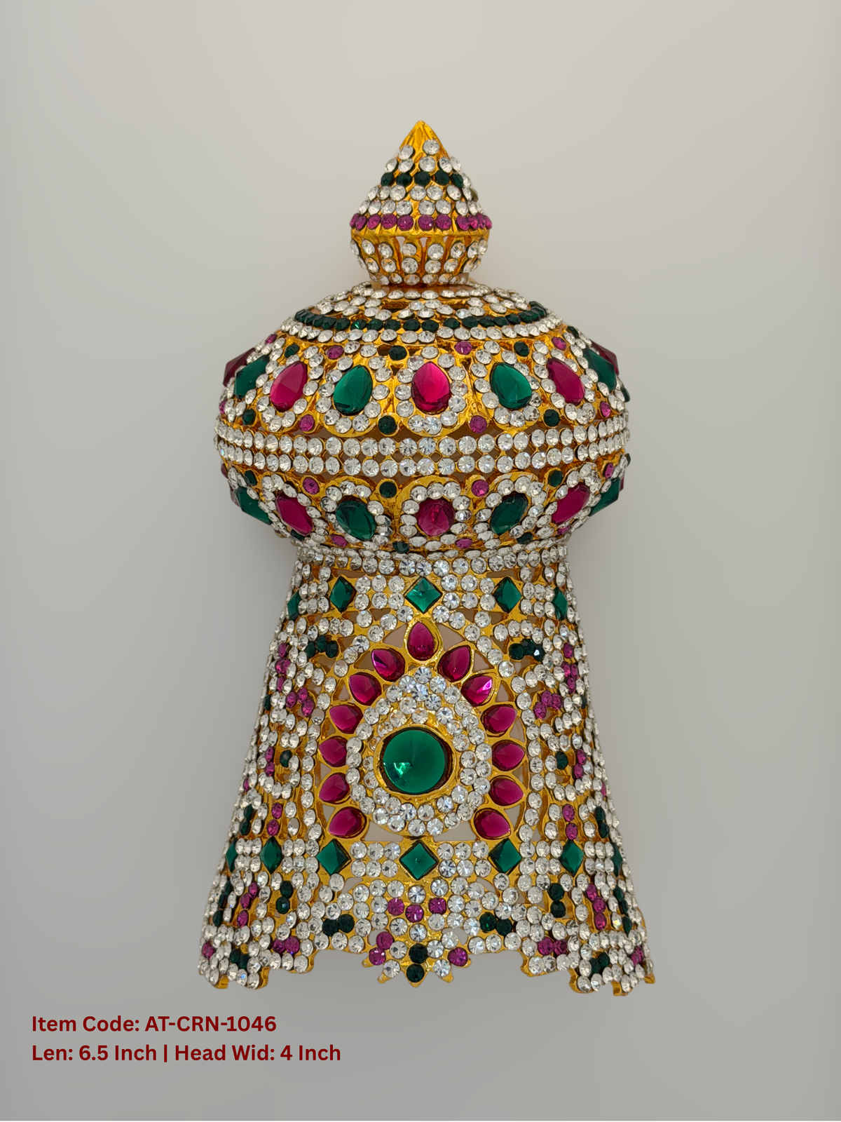 Elevate your deity alankaram with our traditional gold-plated 6.5-inch Crown with Fuchsia Pink, Green, White Coloured Stones.