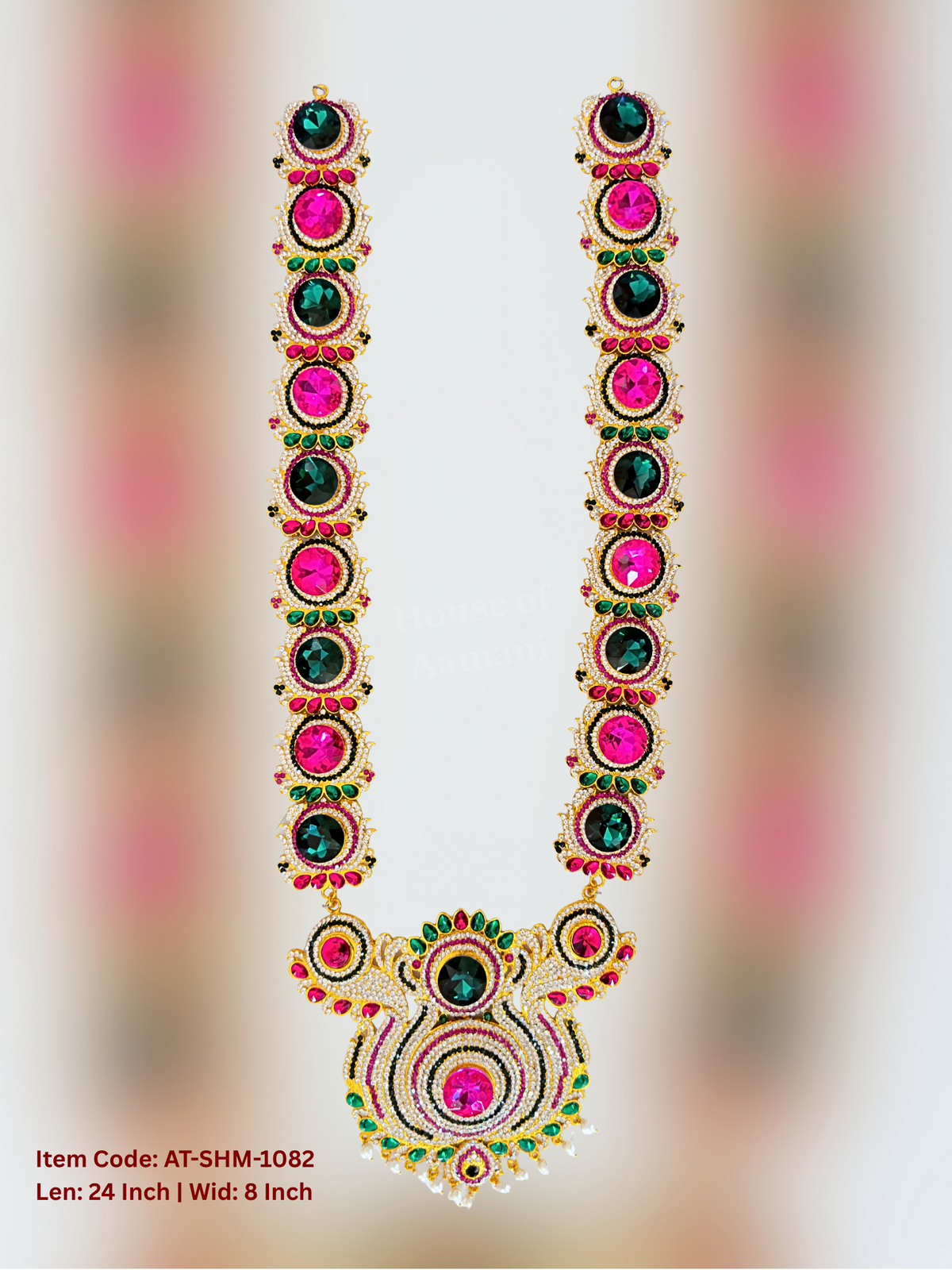 Elevate your deity alankaram with our traditional gold-plated 23-inch Swamy Haram with Fuchsia Pink, Green, White Coloured Stones.