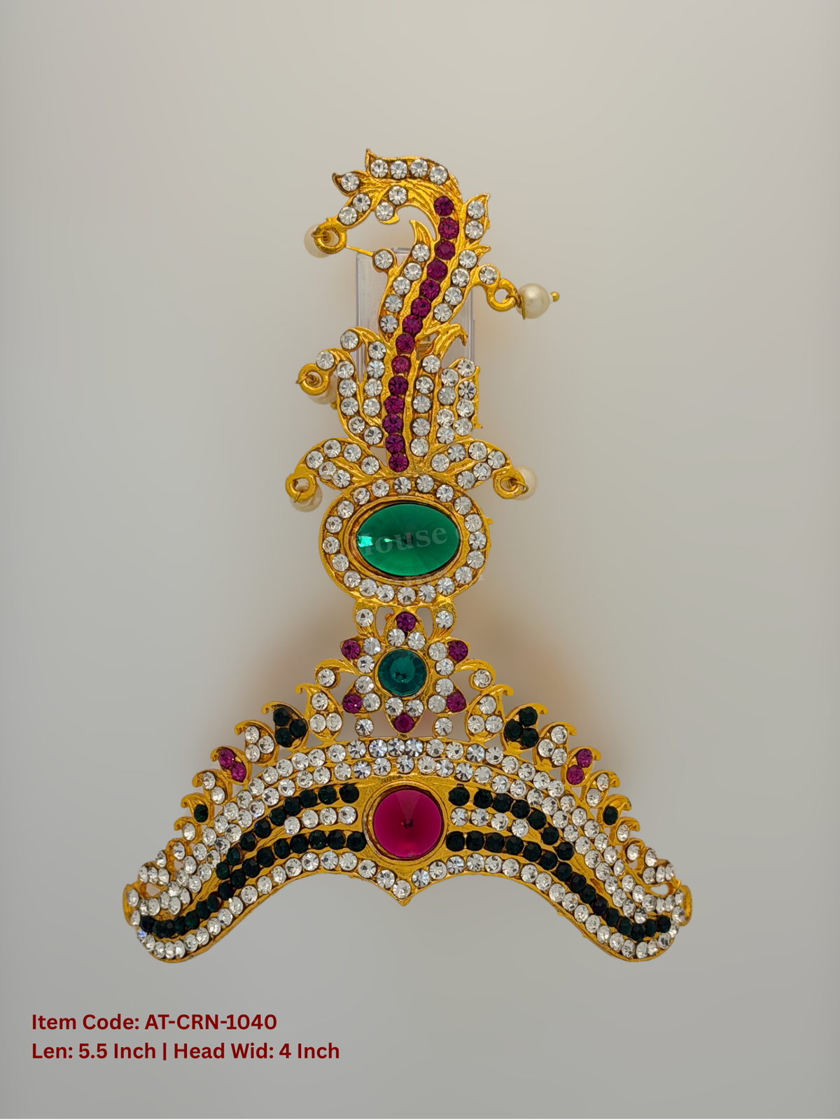 Elevate your deity alankaram with our traditional gold-plated 5.5-inch Crown with Fuchsia Pink, Green, White Coloured Stones.