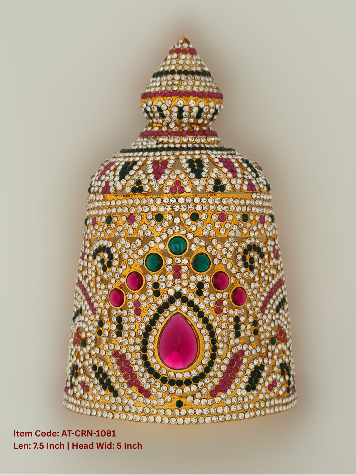 Elevate your deity alankaram with our traditional gold-plated 7.5-inch Crown with Fuchsia Pink, Green, White Coloured Stones.