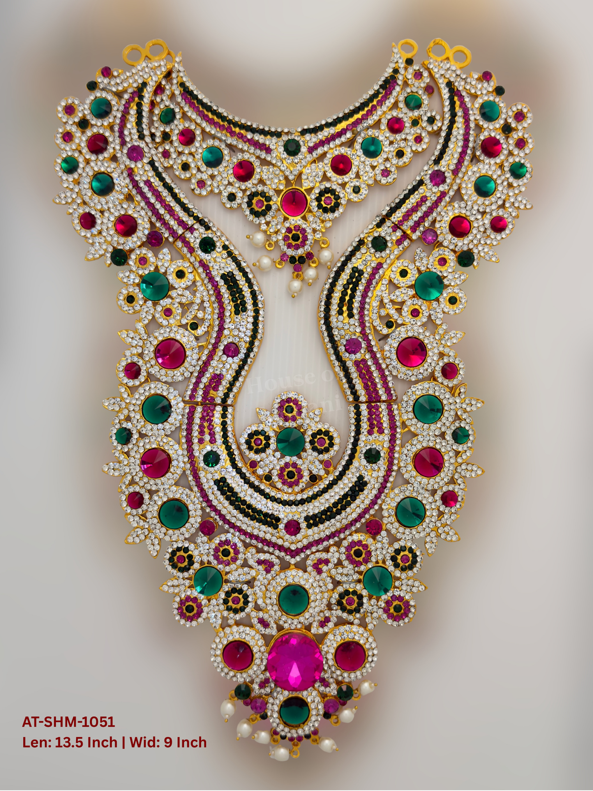 Elevate your deity alankaram with our traditional gold-plated 13.5-inch Swamy Haram with Fuchsia Pink, Green, White Coloured Stones.