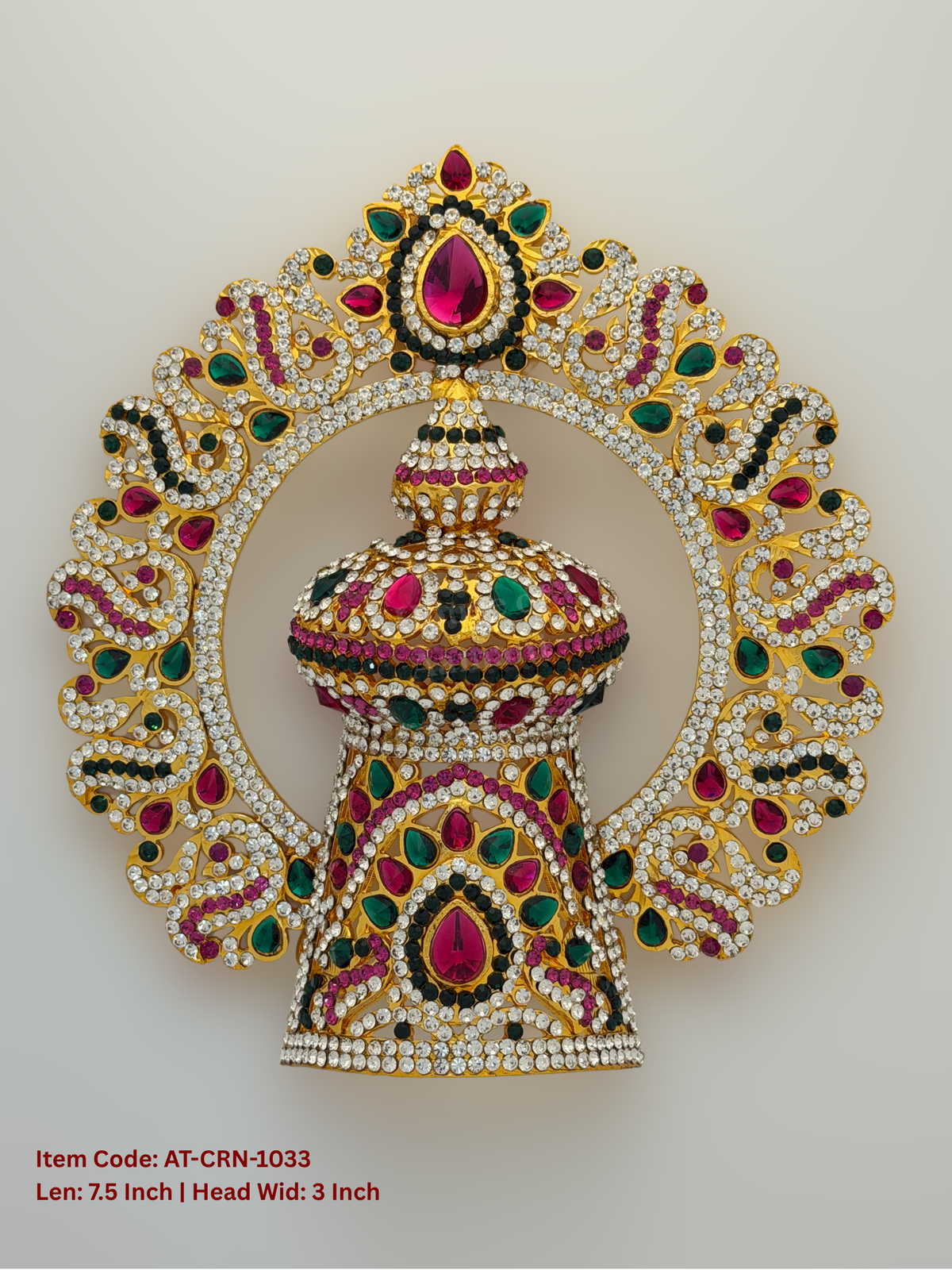 Elevate your deity alankaram with our traditional gold-plated 7.5-inch Crown with Fuchsia Pink, Green, White Coloured Stones.