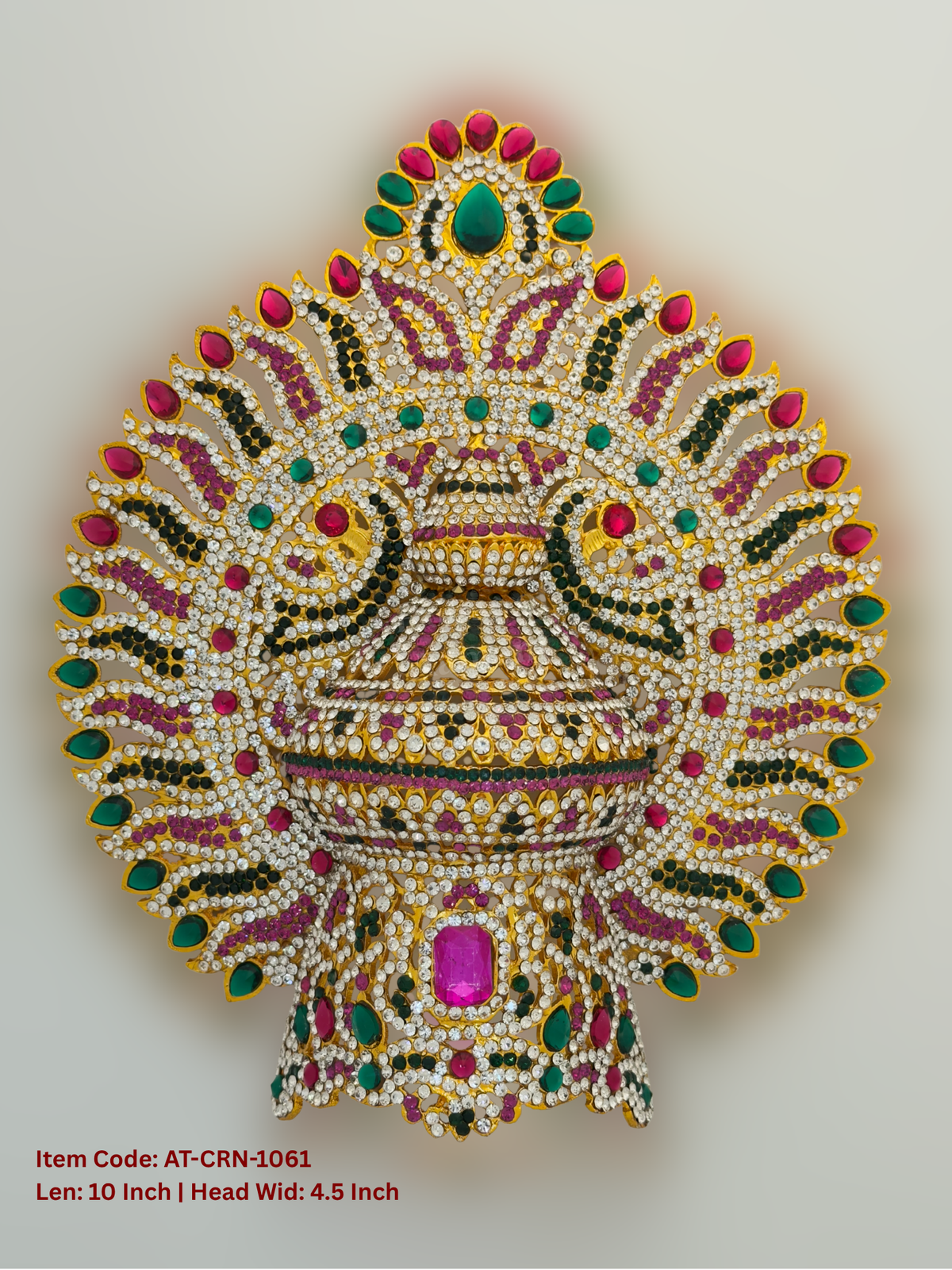 Elevate your deity alankaram with our traditional gold-plated 10-inch Crown with Fuchsia Pink, Green, White Coloured Stones.