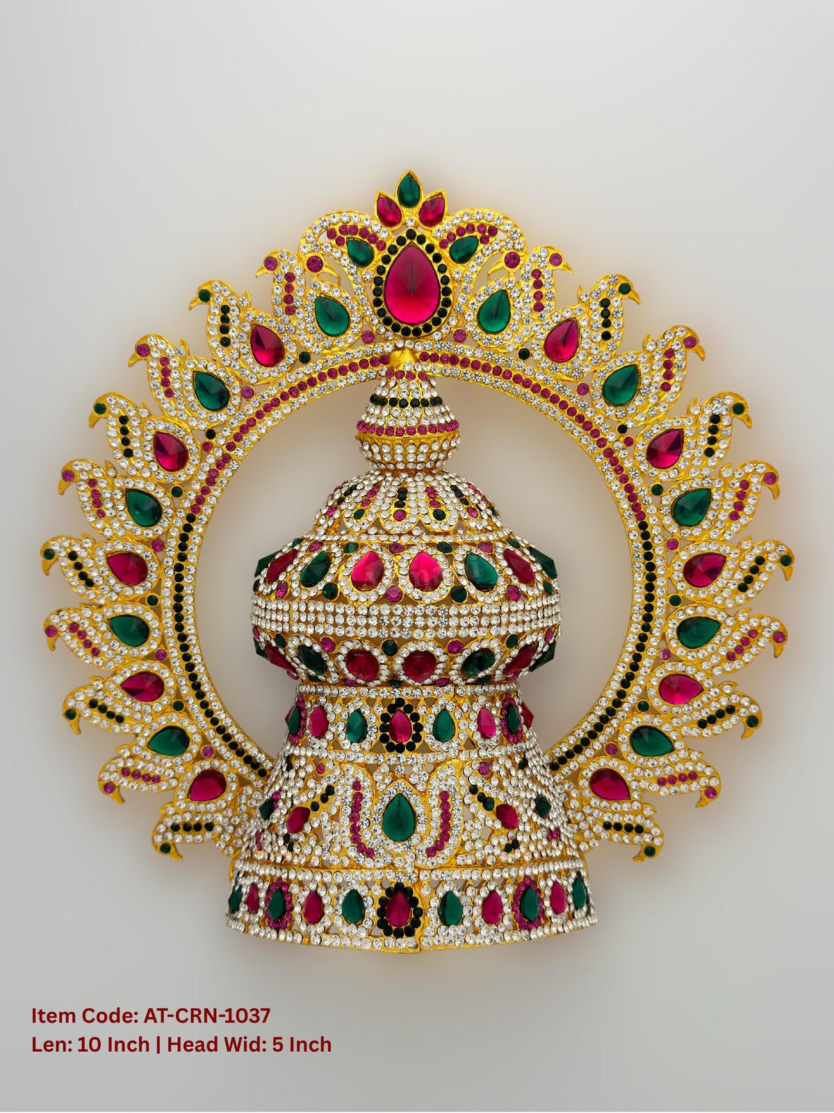 Elevate your deity alankaram with our traditional gold-plated 10-inch Crown with Fuchsia Pink, Green, White Coloured Stones.
