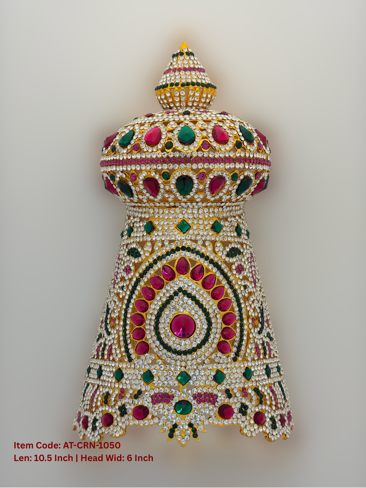 Elevate your deity alankaram with our traditional gold-plated 10.5-inch Crown with Fuchsia Pink, Green, White Coloured Stones.