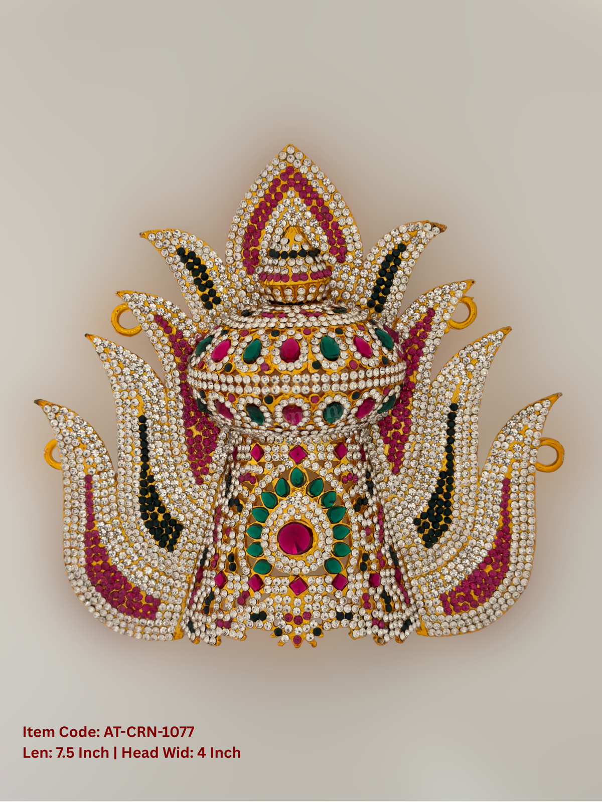 Elevate your deity alankaram with our traditional gold-plated 7.5-inch Crown with Fuchsia Pink, Green, White Coloured Stones.