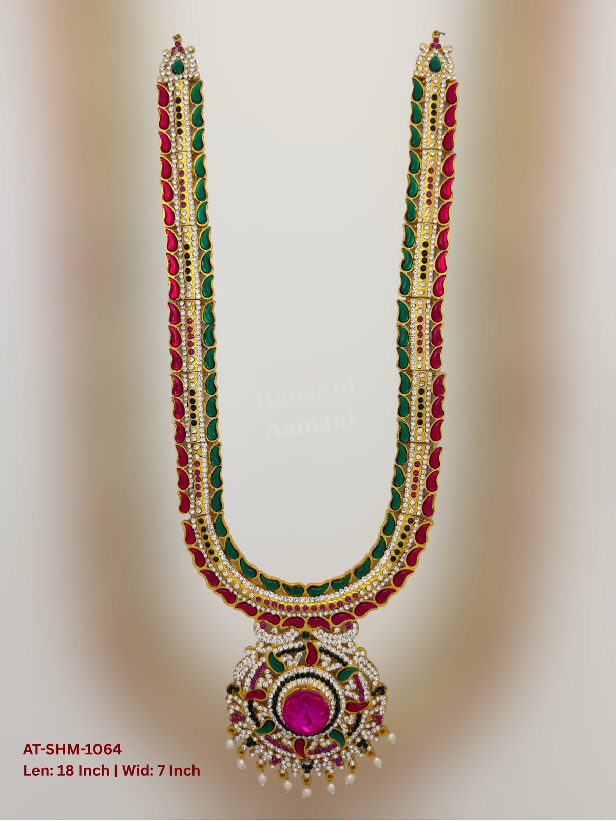Elevate your deity alankaram with our traditional gold-plated 18-inch Swamy Haram with Fuchsia Pink, Green, White Coloured Stones.