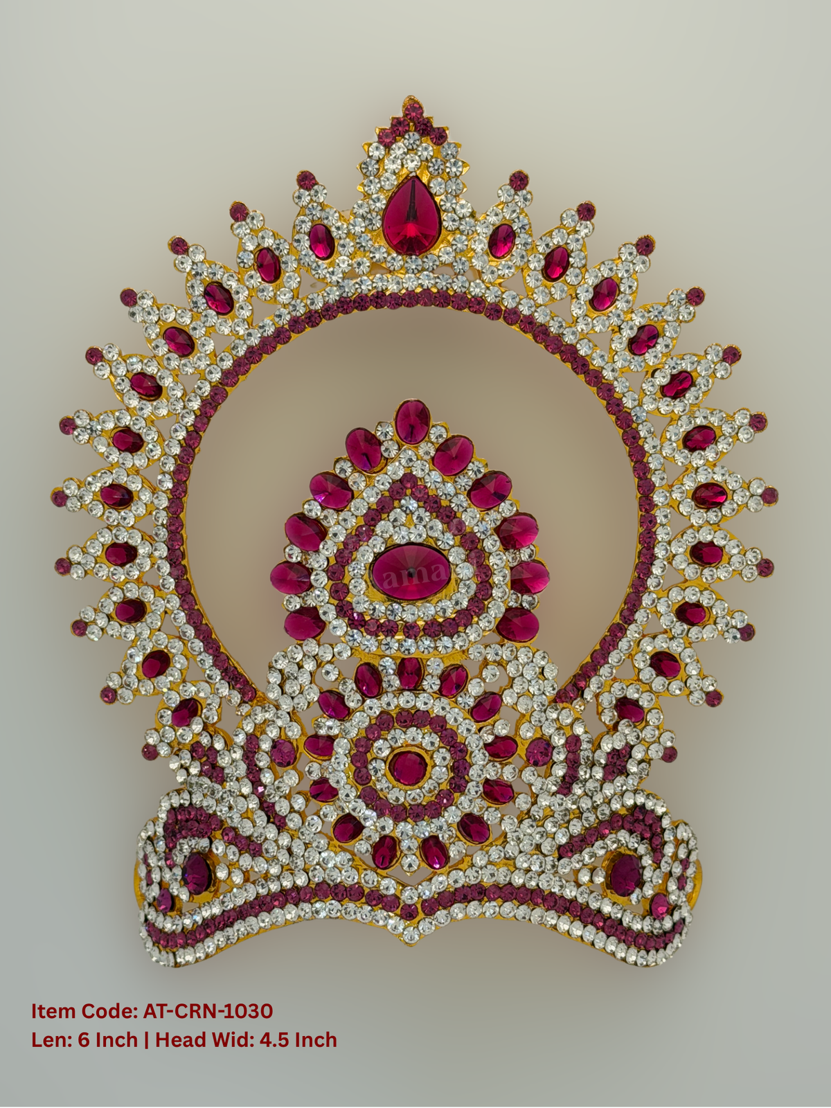 Elevate your deity alankaram with our traditional gold-plated 6-inch Crown with Fuchsia Pink, White Coloured Stones.