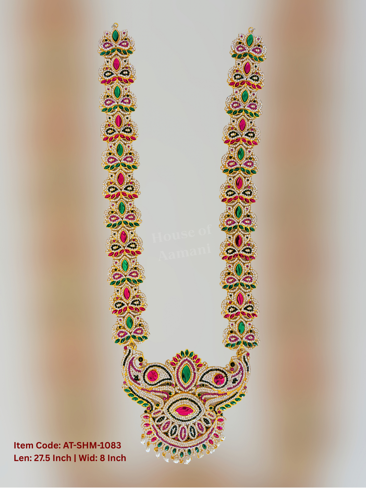 Elevate your deity alankaram with our traditional gold-plated 19-inch Swamy Haram with Fuchsia Pink, Green, White Coloured Stones.