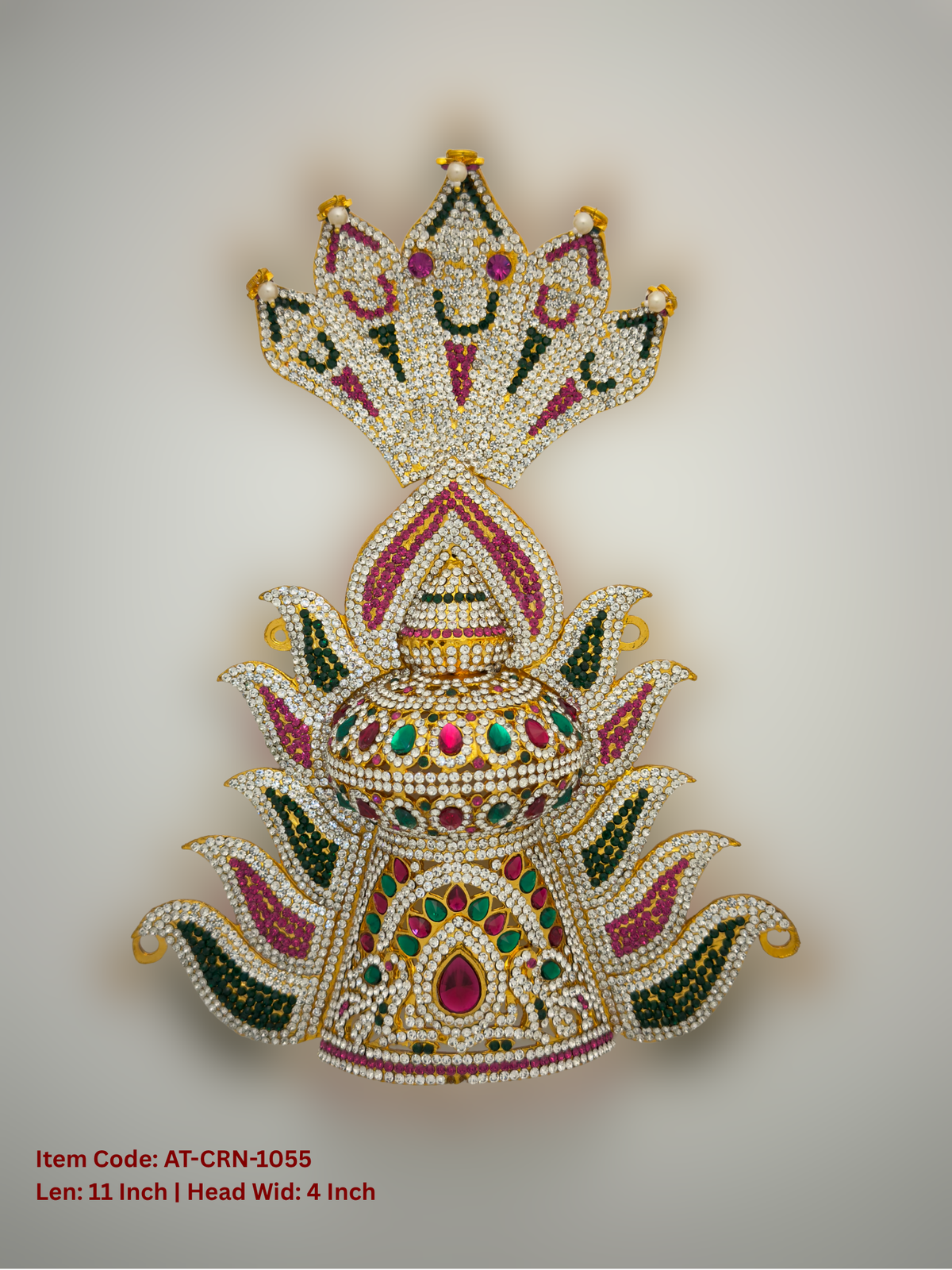 Elevate your deity alankaram with our traditional gold-plated 11-inch Crown with Fuchsia Pink, Green, White Coloured Stones.