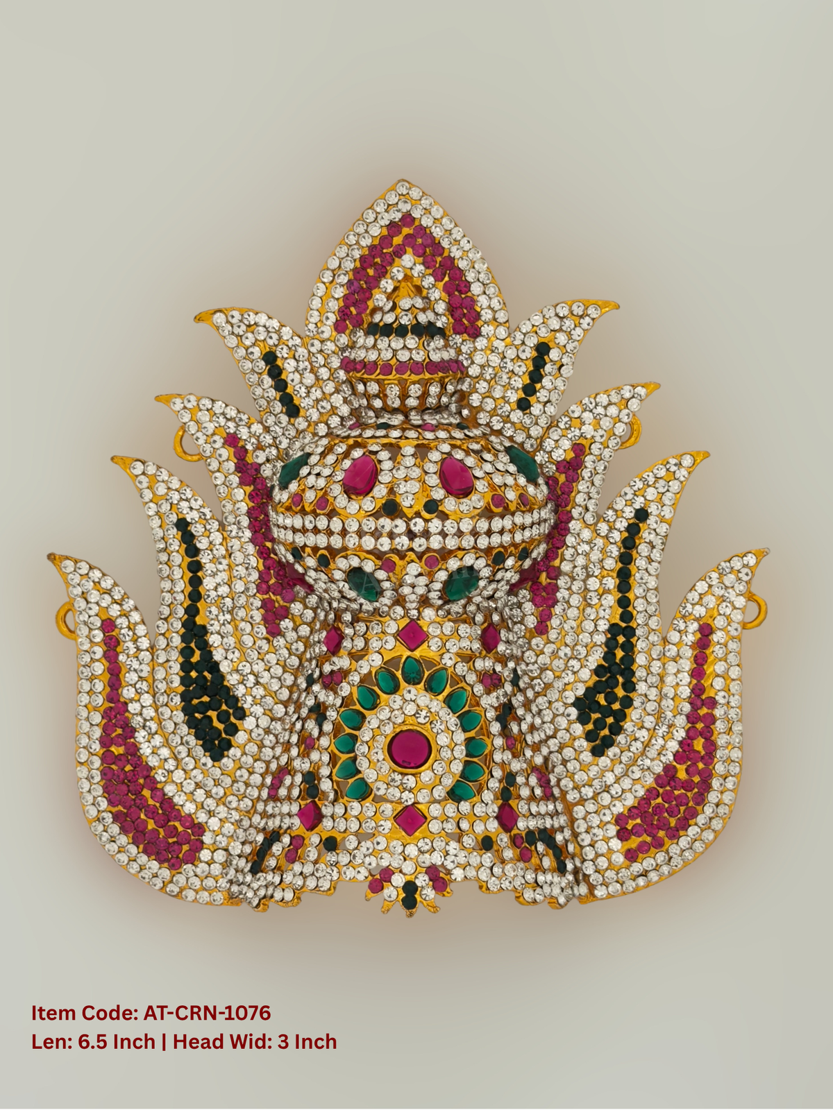 Elevate your deity alankaram with our traditional gold-plated 6.5-inch Crown with Fuchsia Pink, Green, White Coloured Stones.
