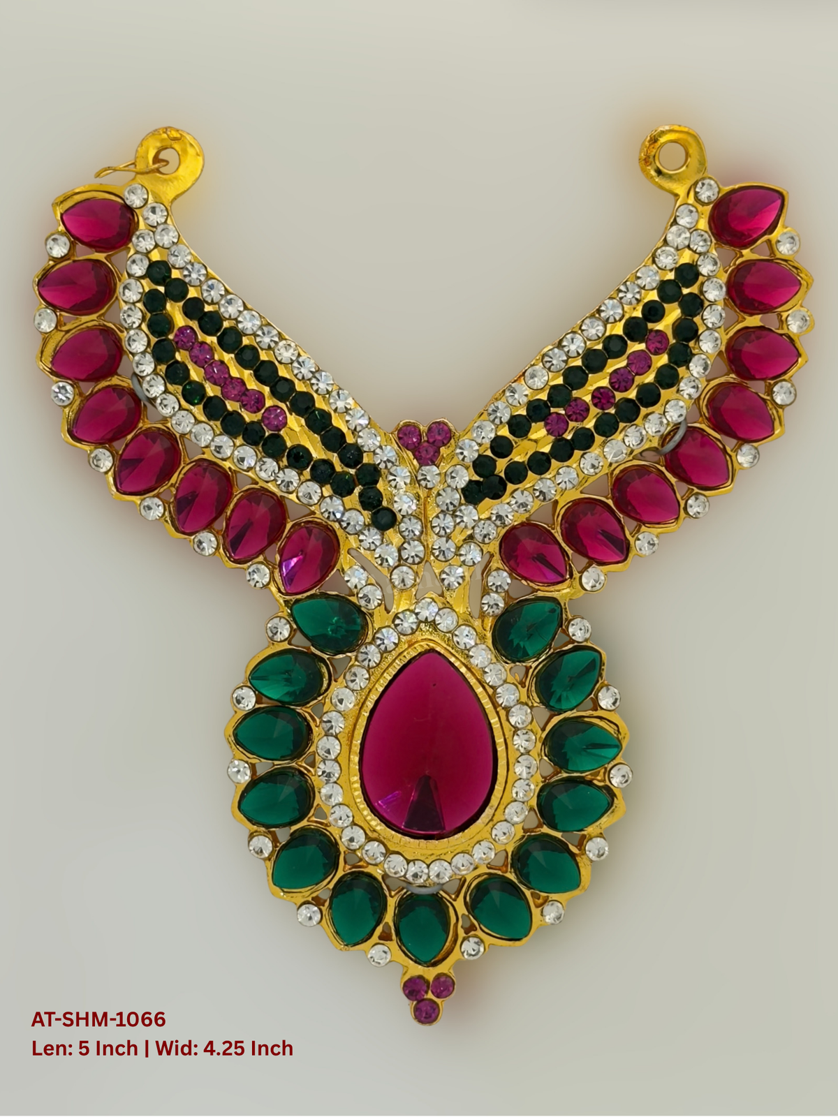 Elevate your deity alankaram with our traditional gold-plated 5-inch Swamy Haram with Fuchsia Pink, Green, White Coloured Stones.