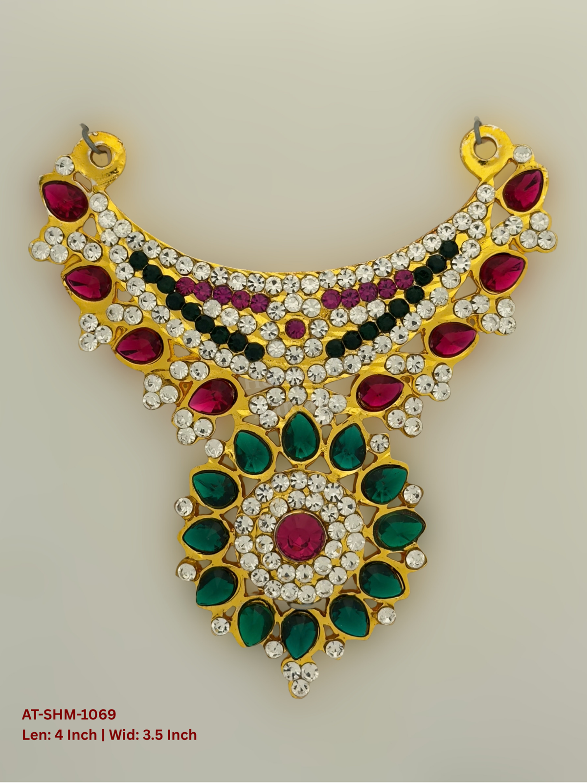 Elevate your deity alankaram with our traditional gold-plated 4-inch Swamy Haram with Fuchsia Pink, Green, White Coloured Stones.