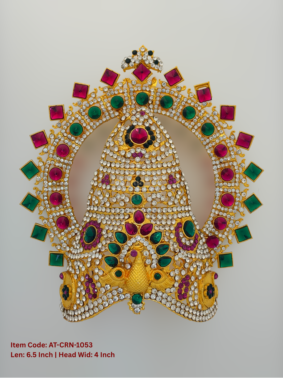 Elevate your deity alankaram with our traditional gold-plated 6.5-inch Crown with Fuchsia Pink, Green, White Coloured Stones.