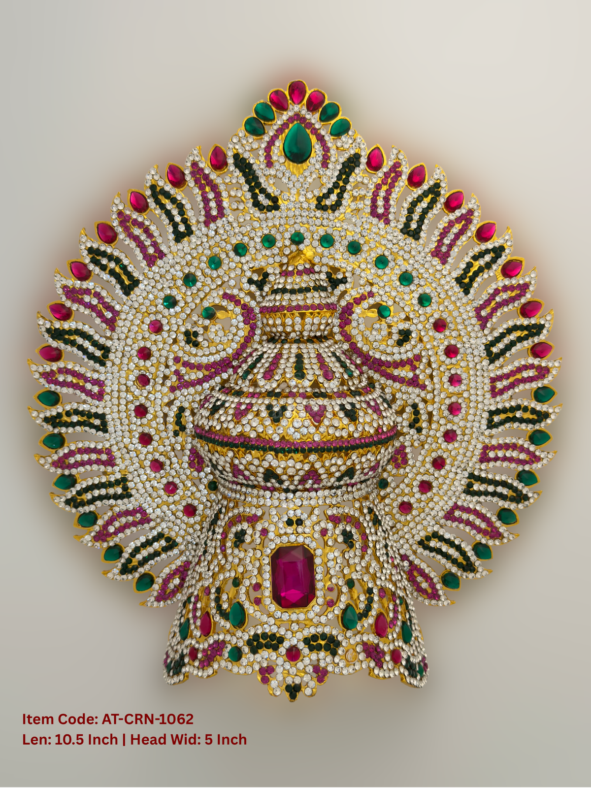 Elevate your deity alankaram with our traditional gold-plated 10.5-inch Crown with Fuchsia Pink, Green, White Coloured Stones.