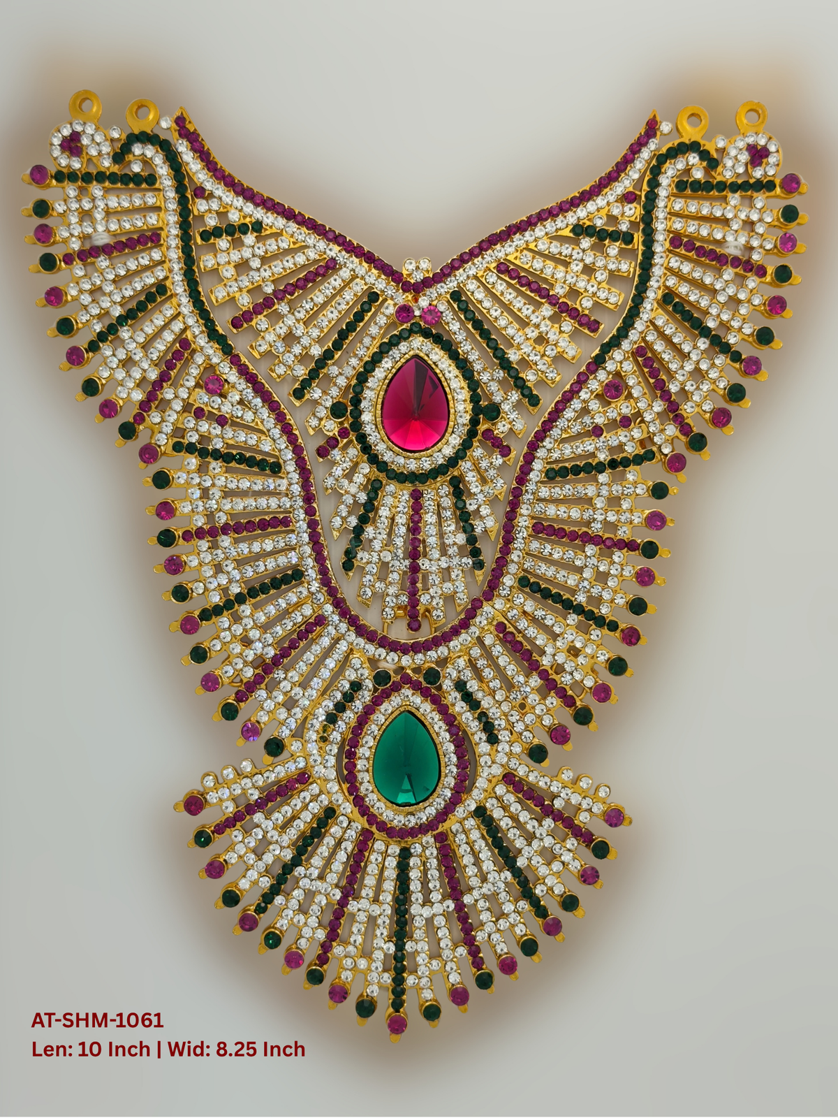 Elevate your deity alankaram with our traditional gold-plated 10-inch Swamy Haram with Fuchsia Pink, Green, White Coloured Stones.
